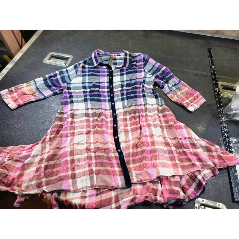 Aratta Silent Journey Plaid Ombre Tunic Shirt Velvet Trim Pink Purple Large